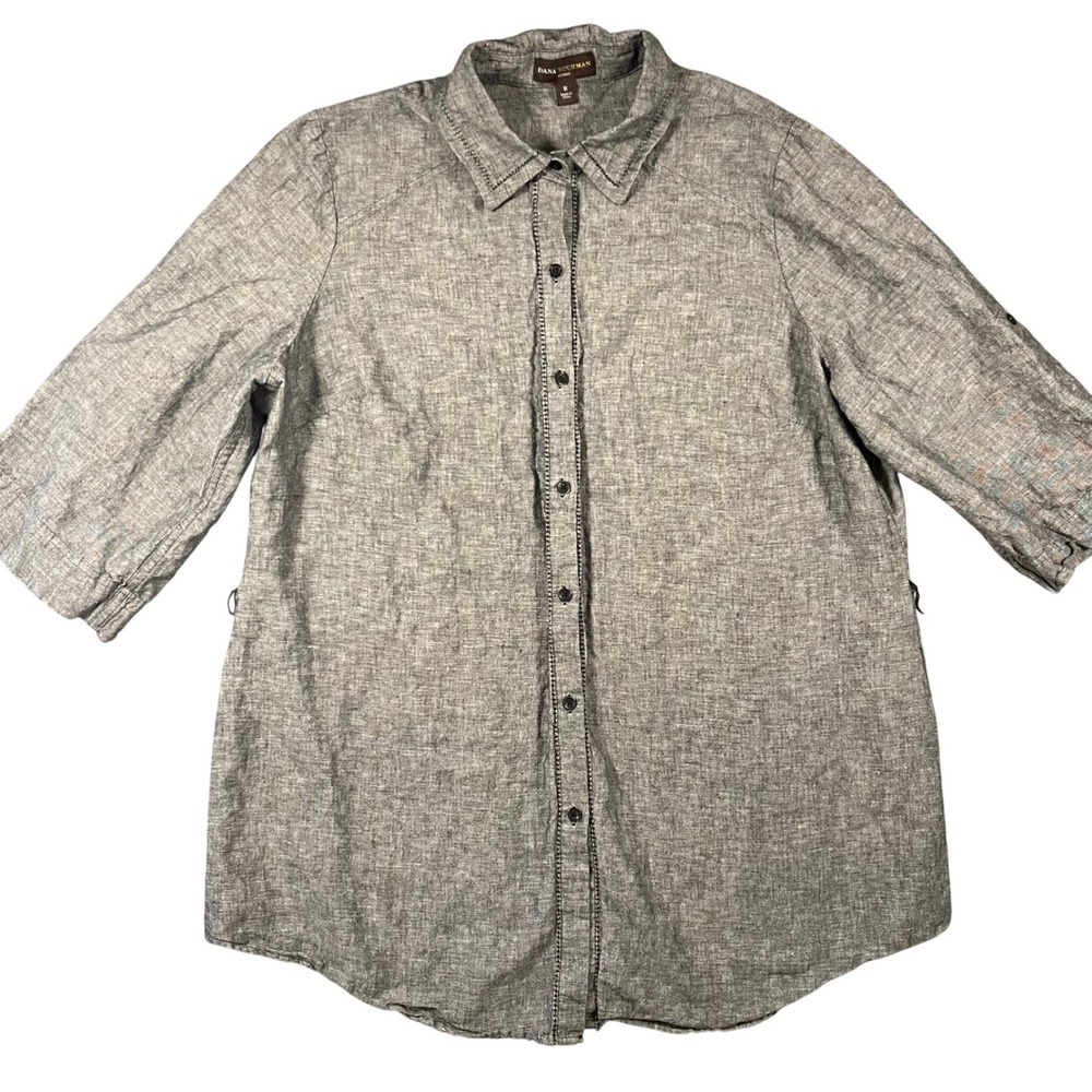 Dana Buchman Linen Blend Button Down Tunic 1X Grey Roll Tab Sleeve Minimalist